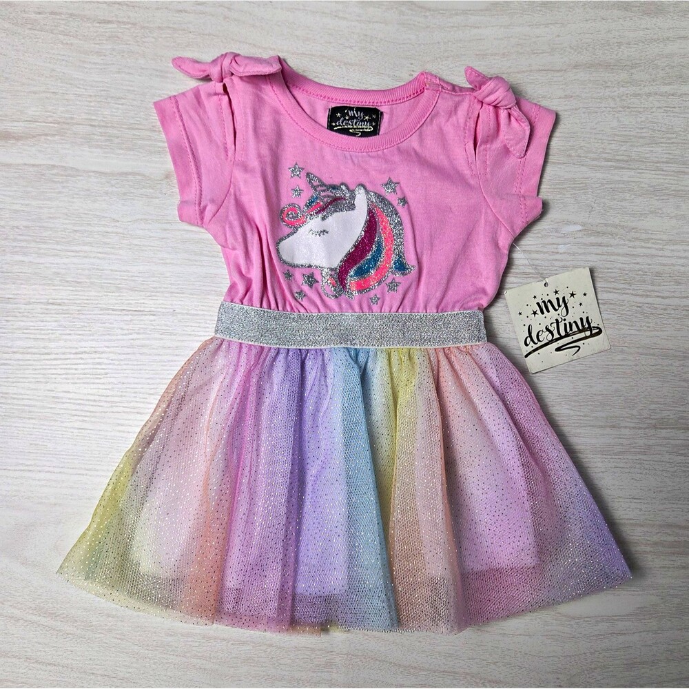 My Destiny Girls 12 M Pink Unicorn Glitter Tulle Fit & Flare Short Sleeve Dress